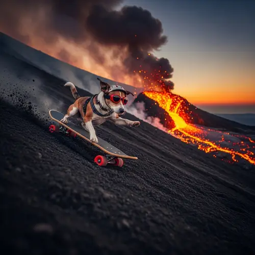 Dog Skateboarding on Volcano - Amazing Image