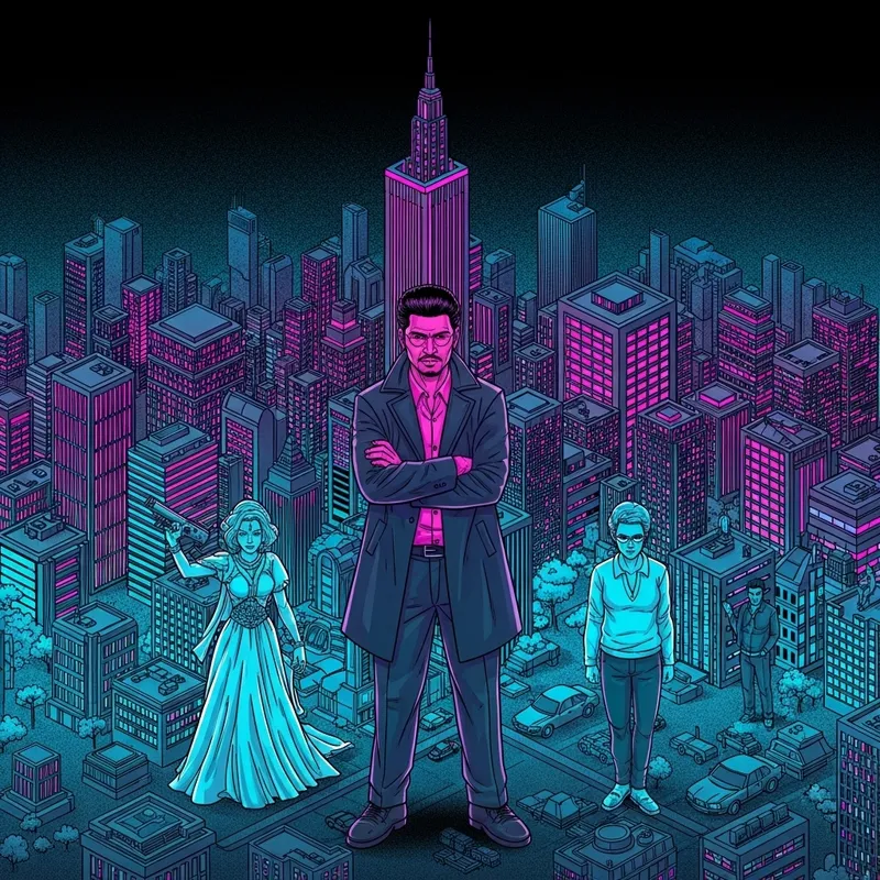 South Asian Man in Neon-Lit Cityscape | Isometric Futuristic Art