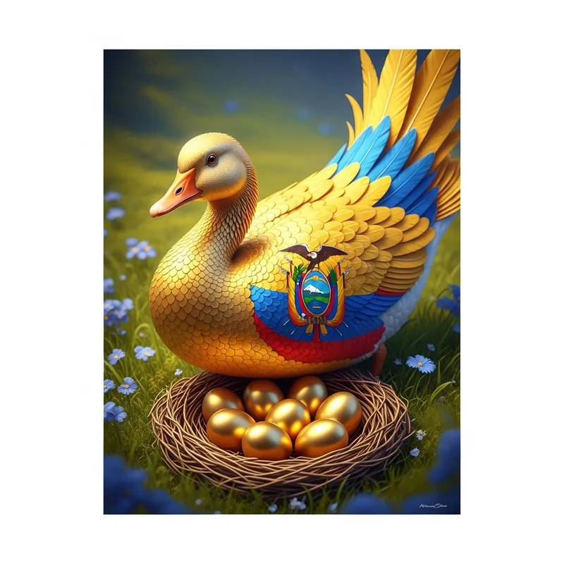 Golden Goose with Ecuador Flag Feathers in Nest with 11 Eggs | Magical Fantasy Art Golden Goose with Ecuador Flag Feathers in Nest with 11 Eggs | Magical Fantasy Art