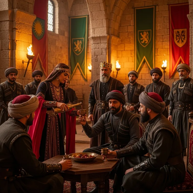 Medieval Kurdish Palace Scene: Woman Pouring Wine in Traditional Attire
