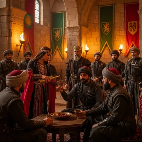 Medieval Palace Scene: Kurdish Woman Pouring Wine in Traditional Attire