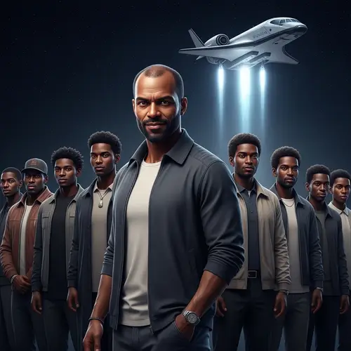Diverse Group of Men with Futuristic Spacecraft - Modern Casual Attire