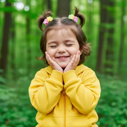 Adorable Two-Year Old Girl with Flower Pigtails in Bright Yellow Tracksuit