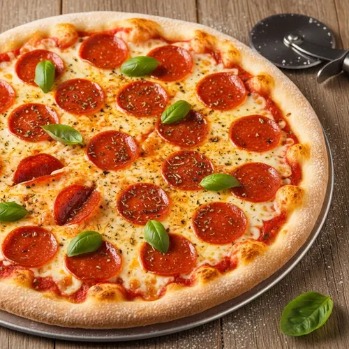 Delicious Pepperoni Pizza with Melting Cheese and Fresh Basil