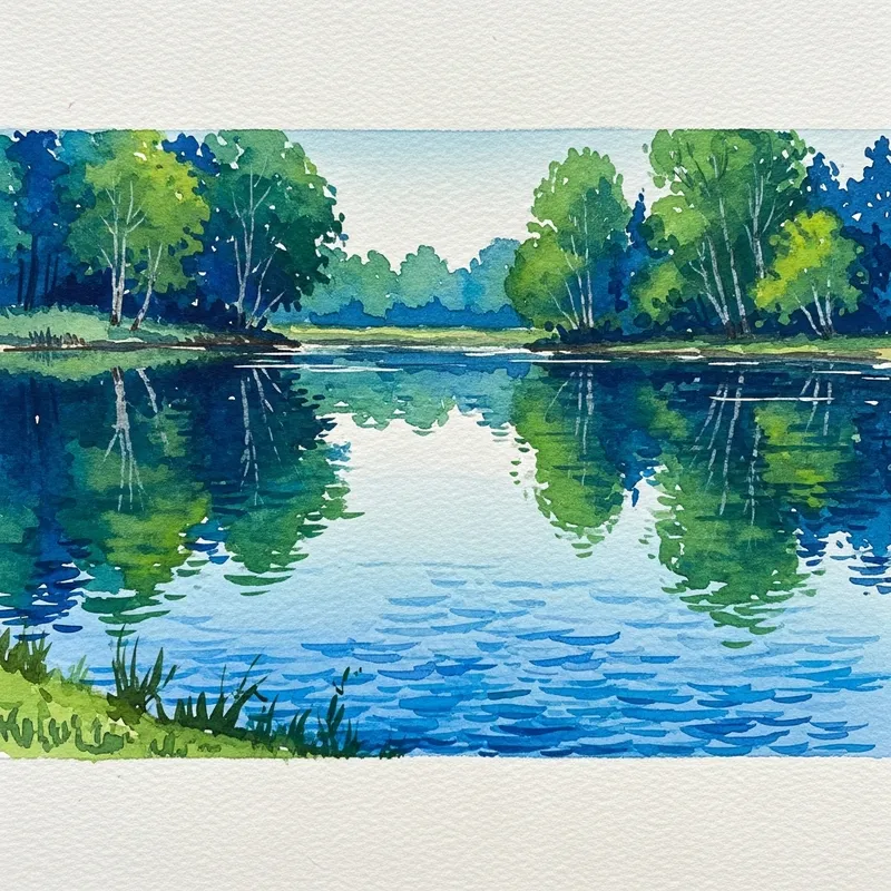 Tranquil Lake Watercolor Inspired by Van Gogh