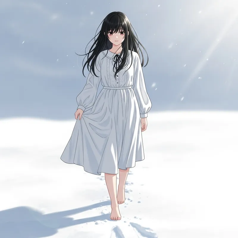Black-Haired Girl Walking Barefoot on Snow | Sunlit Scene