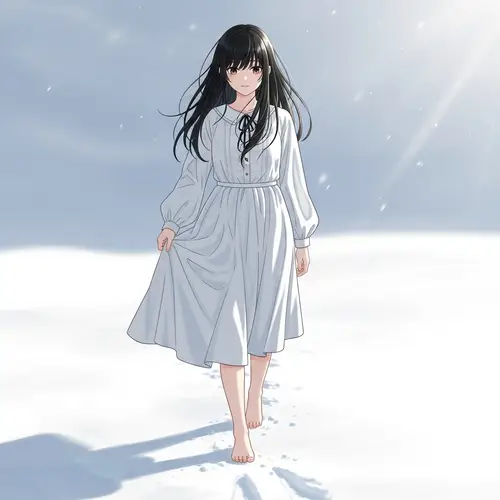 Black-Haired Girl Walking on Snow in White Dress | Sunlit Scene