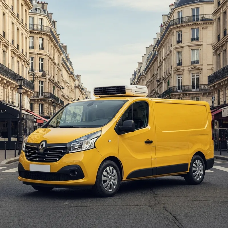 Yellow 2020 Renault Trafic Refrigerated Van in Paris Streets Yellow 2020 Renault Trafic Refrigerated Van in Paris Streets