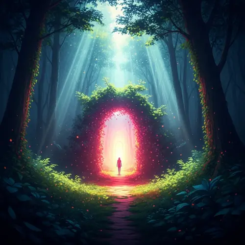 Mystical Forest with Glowing Portal - Vibrant & Dreamlike