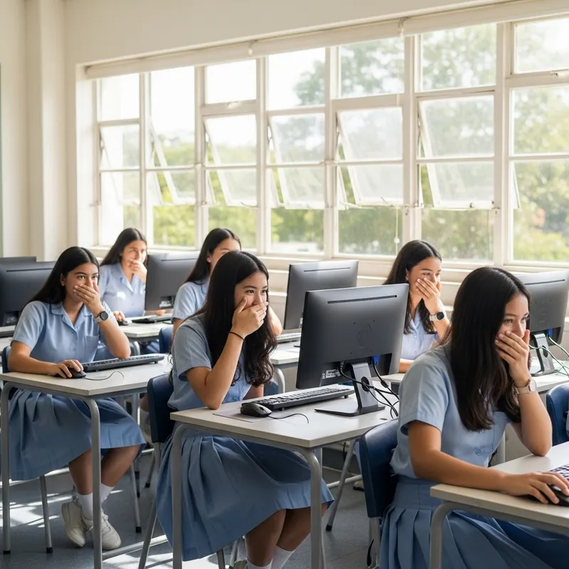 Captivating Moment: Six Asian Teen Girls Mesmerized by Their Silky Black Hair Captivating Moment: Six Asian Teen Girls Mesmerized by Their Silky Black Hair