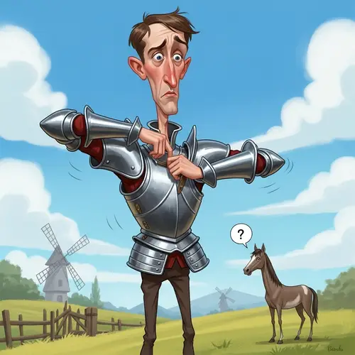 Caricature of Don Quijote Adjusting Armor