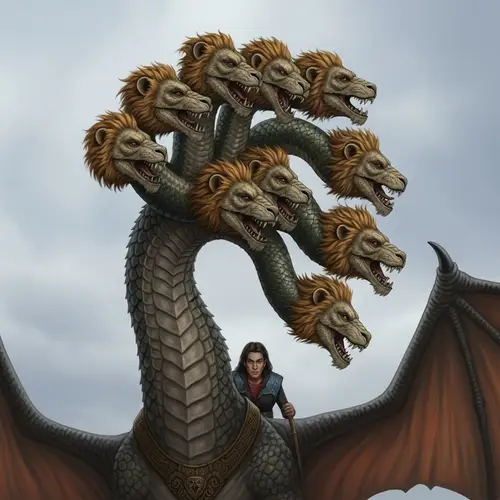 Realistic Dragon with Seven Lion-Like Heads