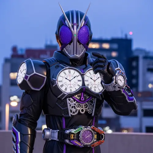 Futuristic Black and Purple Armored Superhero with Clock Elements