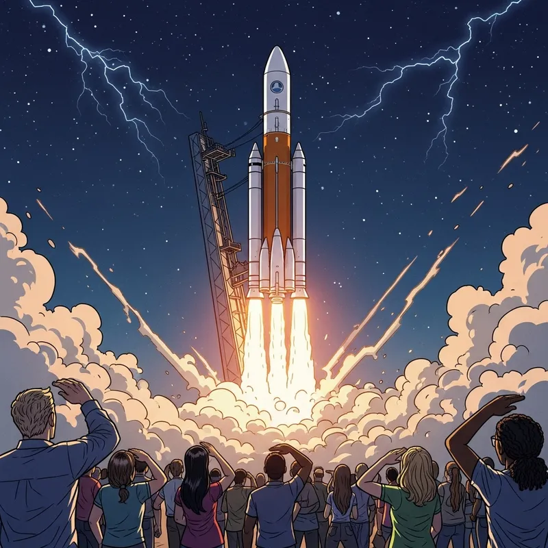 Dynamic Comic Rocket Launch: Diverse Crowd Gazes in Wonder