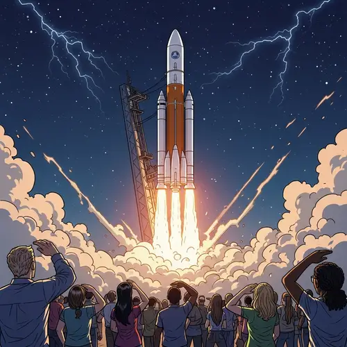 Epic Rocket Launch Illustration: Diverse Crowd Watches in Awe