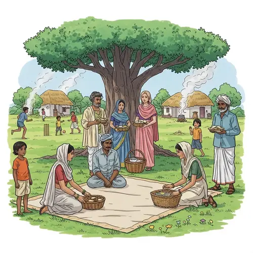 Rustic Indian Village Scene with Picnic and Cricket Game