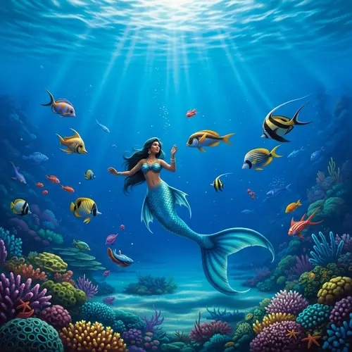 Surreal Underwater Setting with South Asian Mermaid and Colorful Sea Creatures