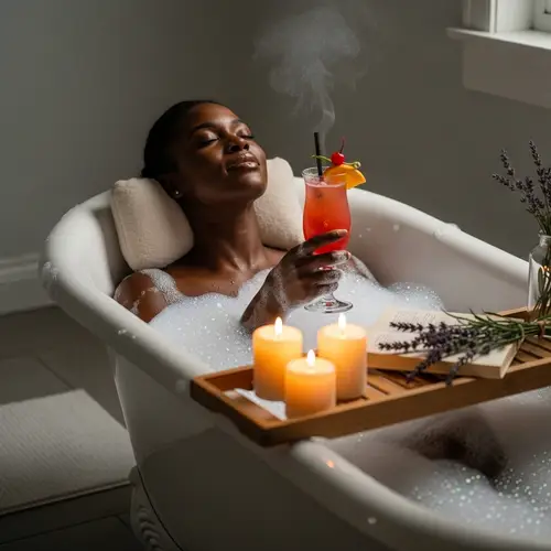 Luxurious Relaxation: Black Woman in Bubble Bath with Cocktail