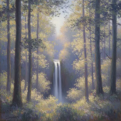 Mystical Forest with Hidden Waterfall - Monet's Style