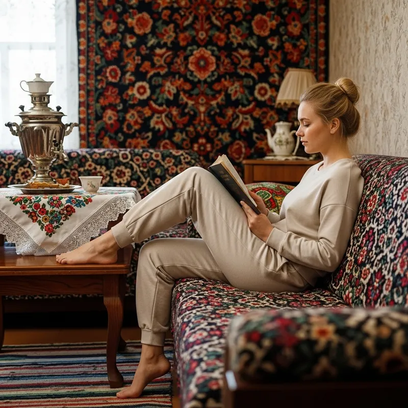 Russian Woman in Simple Attire Relaxing at Home