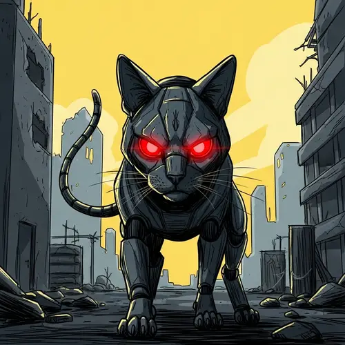 Cyberpunk Robotic Cat in Post-Apocalyptic Cityscape