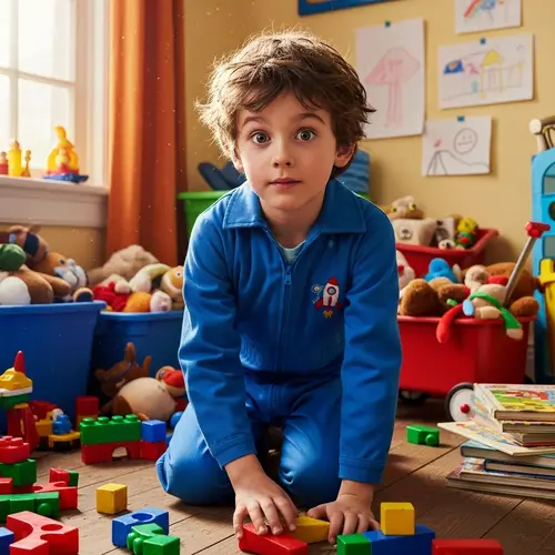 Curious 8-Year-Old Boy in Colorful Room