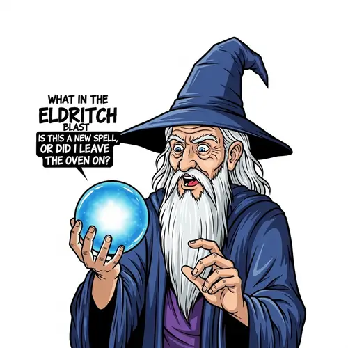Elderly Wizard Holding Glowing Blue Orb - Modern Pop Art Illustration