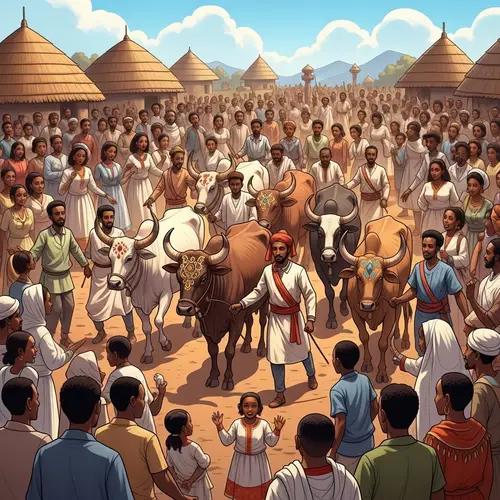 Ethiopian Kircha Cultural Event: Vibrant Carnival with Traditional Costumes and Decorated Oxen