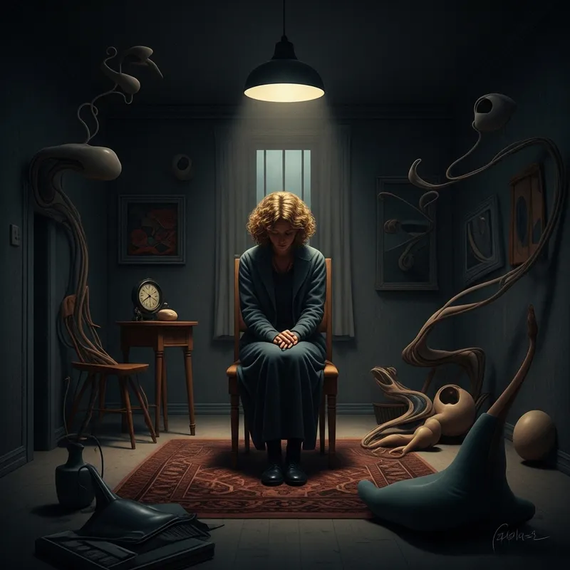 Curly Blonde Depressive Surrealism in Dark Room