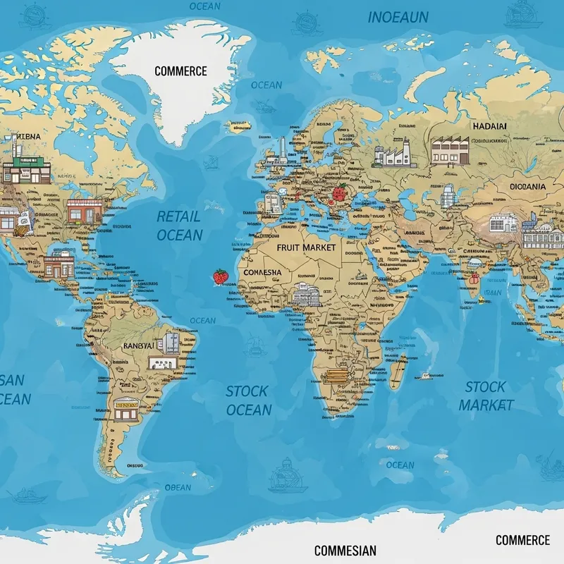 Global Commerce Map and Trade Symbols: Navigation Illustration