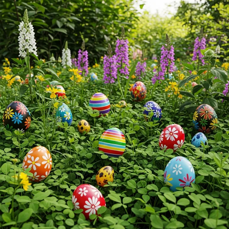 Vibrant Easter Egg Hunt in Lush Garden