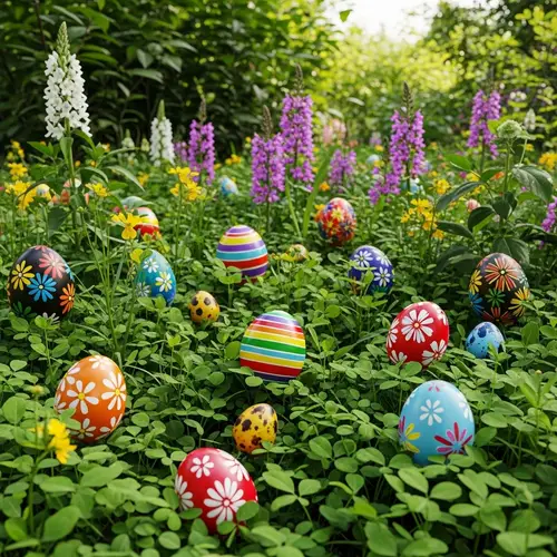 Vibrant Easter Eggs in Lush Garden - Hidden Botanical Treasures