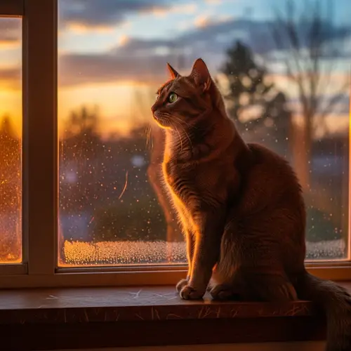 Beautiful Chestnut-Colored Domestic Cat Watching Sunset