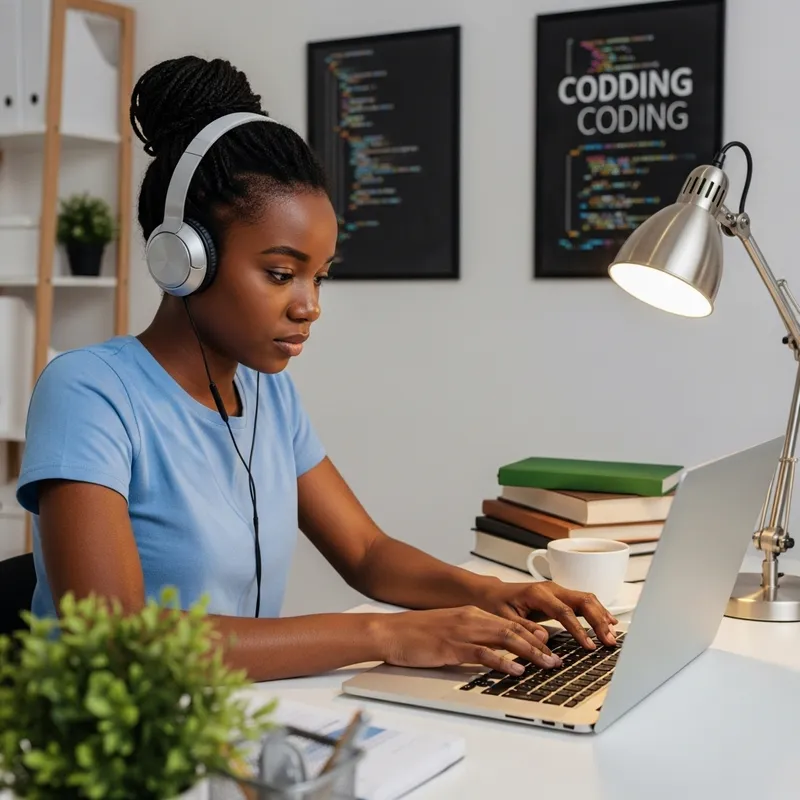 African Young Lady Coding with Determination | Black Woman Tech Enthusiast African Young Lady Coding with Determination | Black Woman Tech Enthusiast