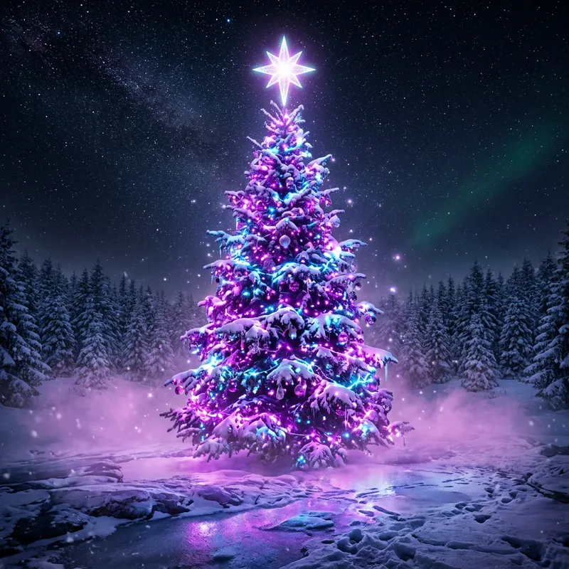 Majestic Christmas Tree with Radiant Star and Magical Neon Lights
