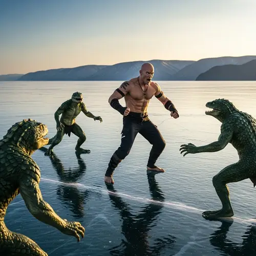 Heroic Action Movie Star Battles Reptilian Humanoids at Lake Baikal