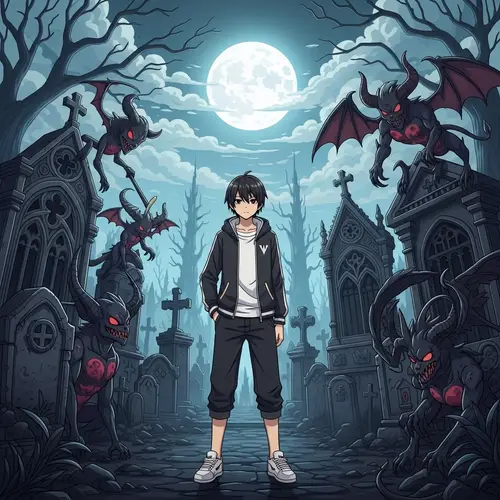 Anime Character Surrounded by Demons in Graveyard | Spectral Atmosphere