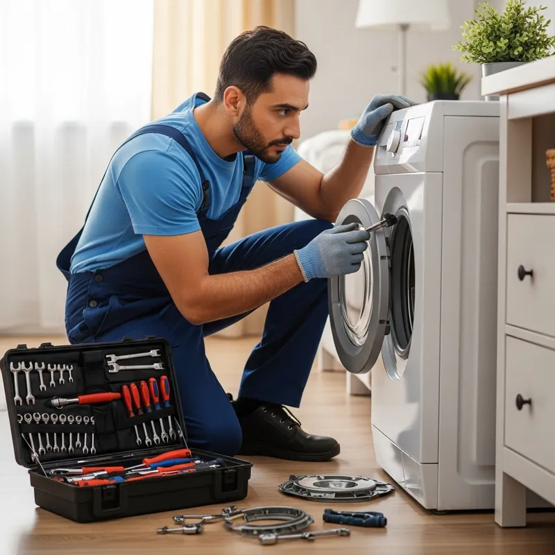 High-Quality Man in Uniform Repairing Washing Machine at Home High-Quality Man in Uniform Repairing Washing Machine at Home