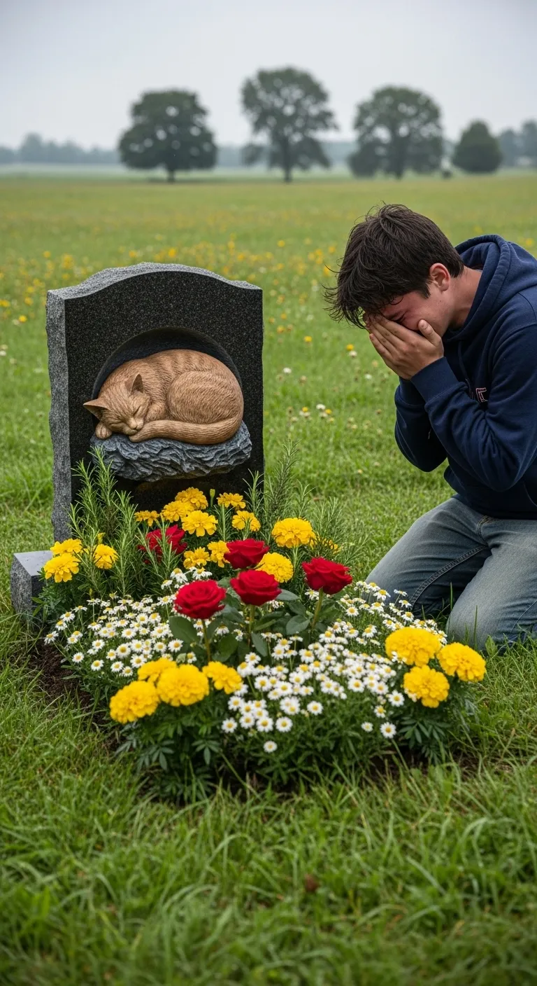 Ginger Cat Memorial: Emotional Scene with Boy and Flowers