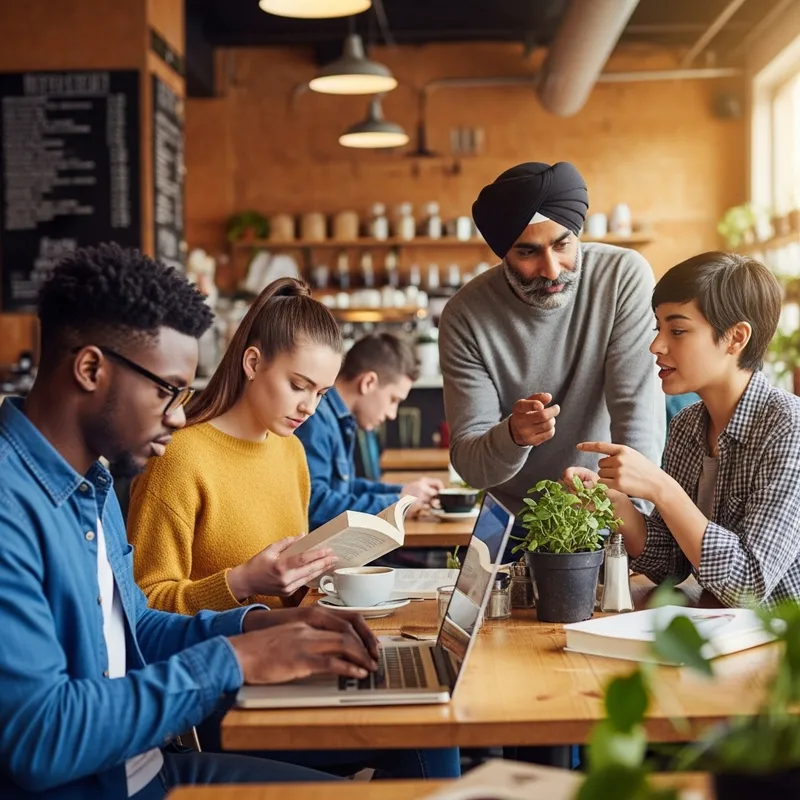 Vibrant Chat Scenes at a Rustic Coffee Shop