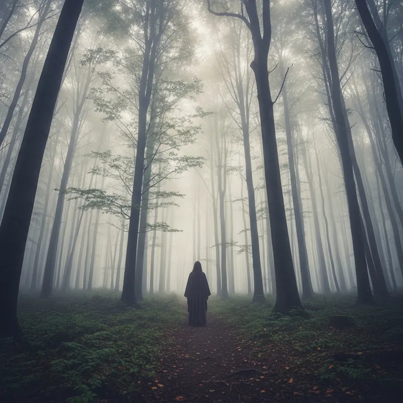 Enchanted Forest: Ethereal Cloaked Figure in Mist | Magic Scene Enchanted Forest: Ethereal Cloaked Figure in Mist | Magic Scene