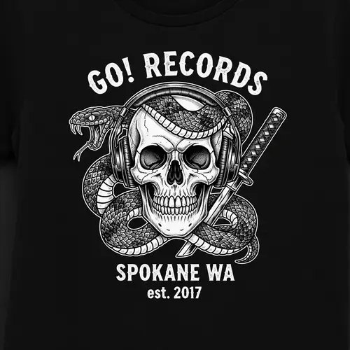 Dark Skull Headphones Snake T-Shirt Design - Go! Records
