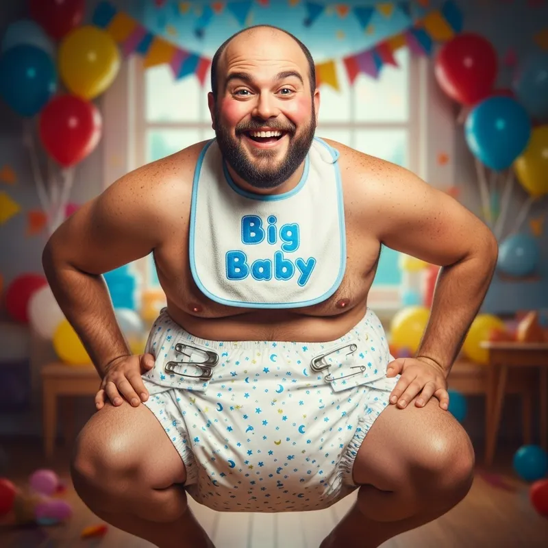 Adorable Smiley Chubby Guy in Playful Baby Diaper Crouch