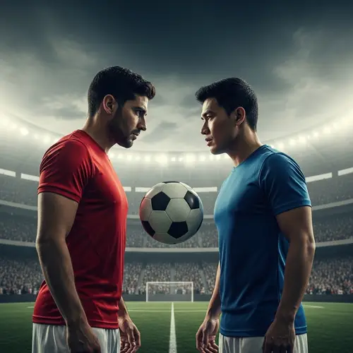 Intense Soccer Players Face-Off in Grand Stadium Scene