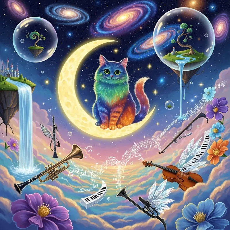 Dream-like Whimsical Cat on Moon Illustration