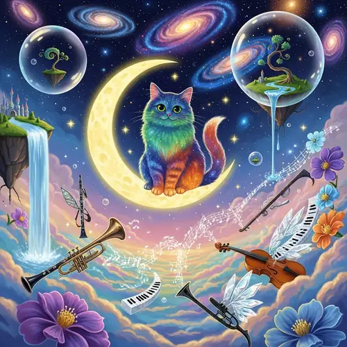 Whimsical Surrealistic Cat on Moon Painting