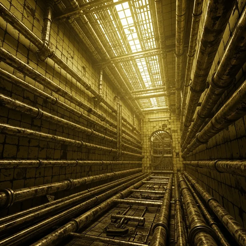 Eerie Backroom with Rustic Pipes - Urban Decay Aesthetic