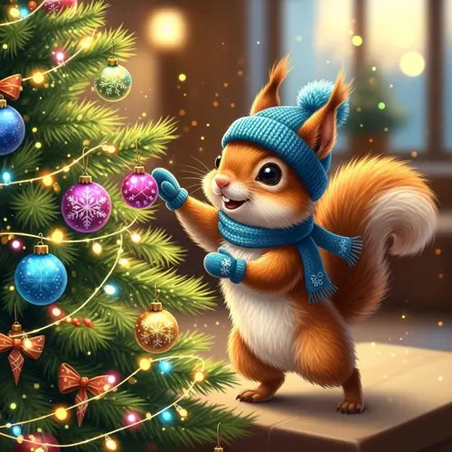 Joyful Squirrel Hanging Ornaments on Christmas Tree | Happy New Year Illustration