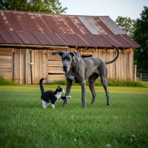 Serene Countryside Scene with Friendly Great Dane and Playful Cat
