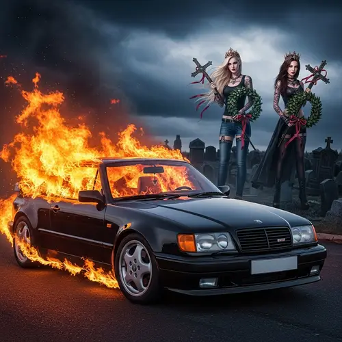 Gothic Fashion Models in Fiery Car Graveyard Scene